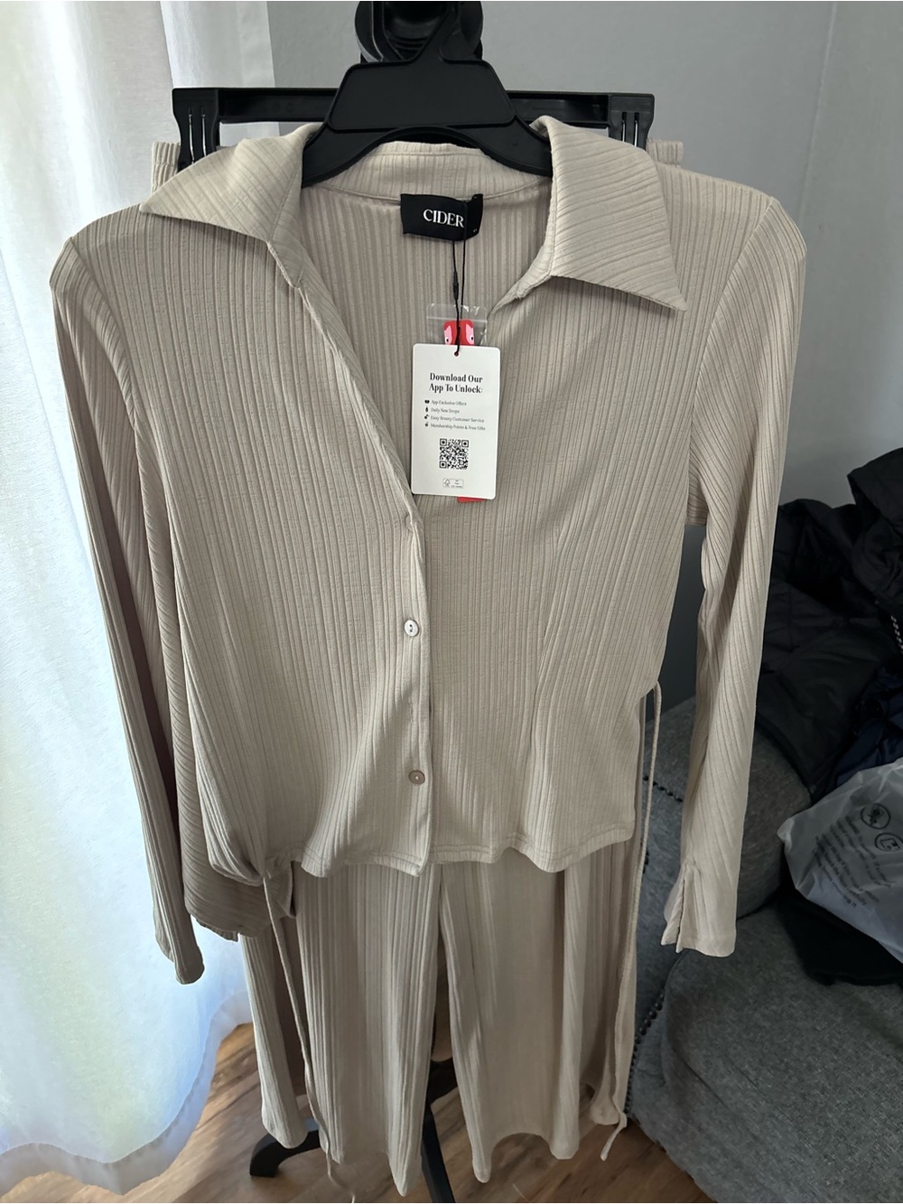 Cider Ribbed Long-Sleeve Collared Shirt Dress in Beige